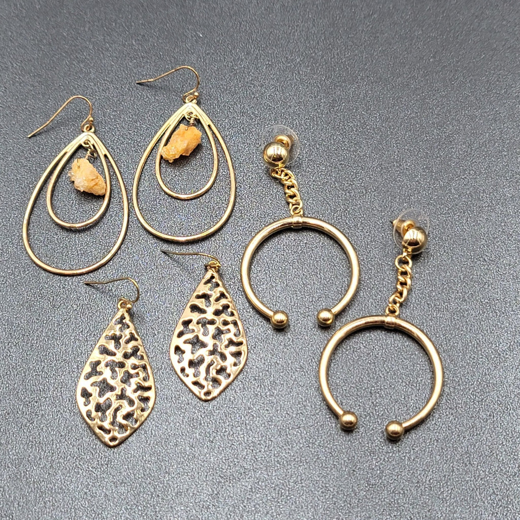 Lot of 3 Pierced Earrings Goldtone Teardrop Hoops Quartz Crystal Bead Wearable