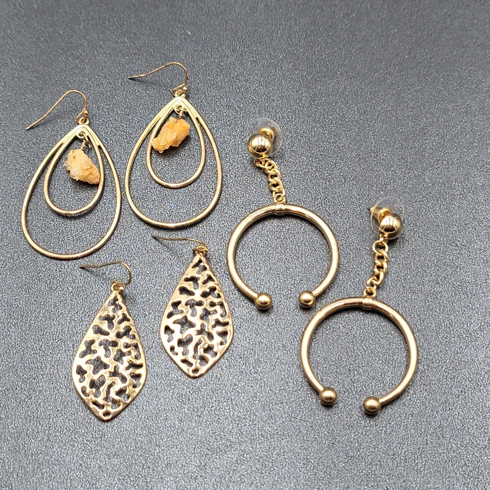 Lot of 3 Pierced Earrings Goldtone Teardrop Hoops Quartz Crystal Bead Wearable
