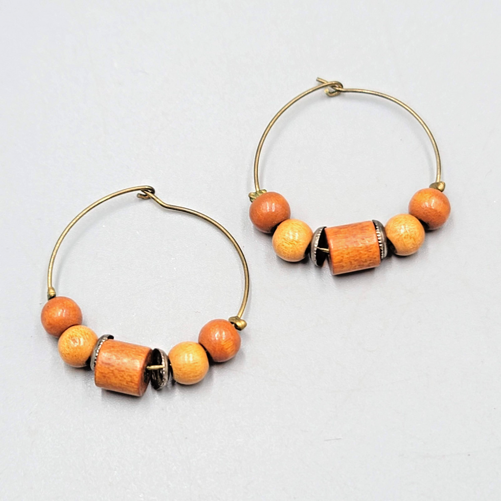 Wood Bead Hoops Pierced Earrings Bronze tone Dangle 1.25"