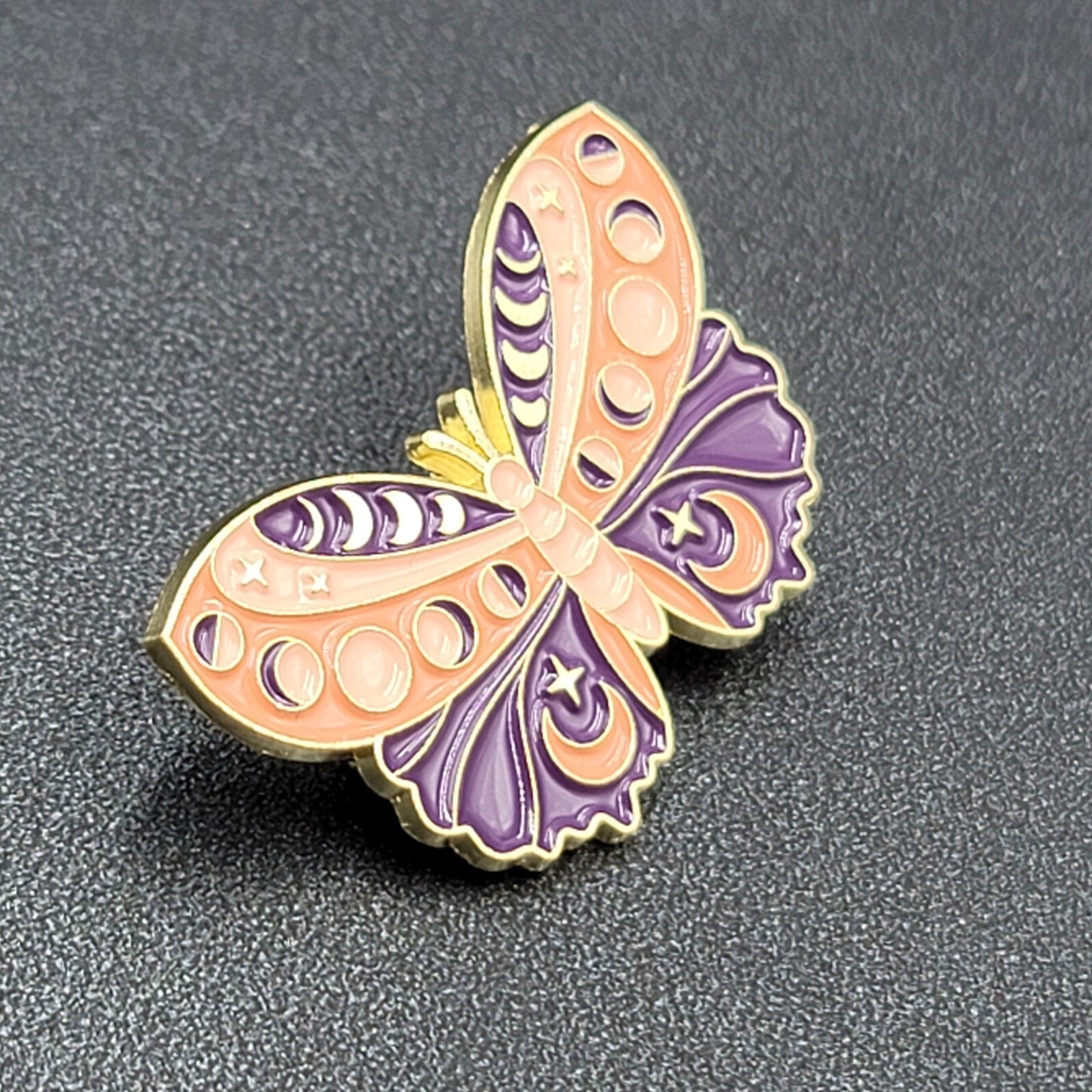 Moth Purple Peach Enamel Moon Phases Lapel Hat Pin 1.5"