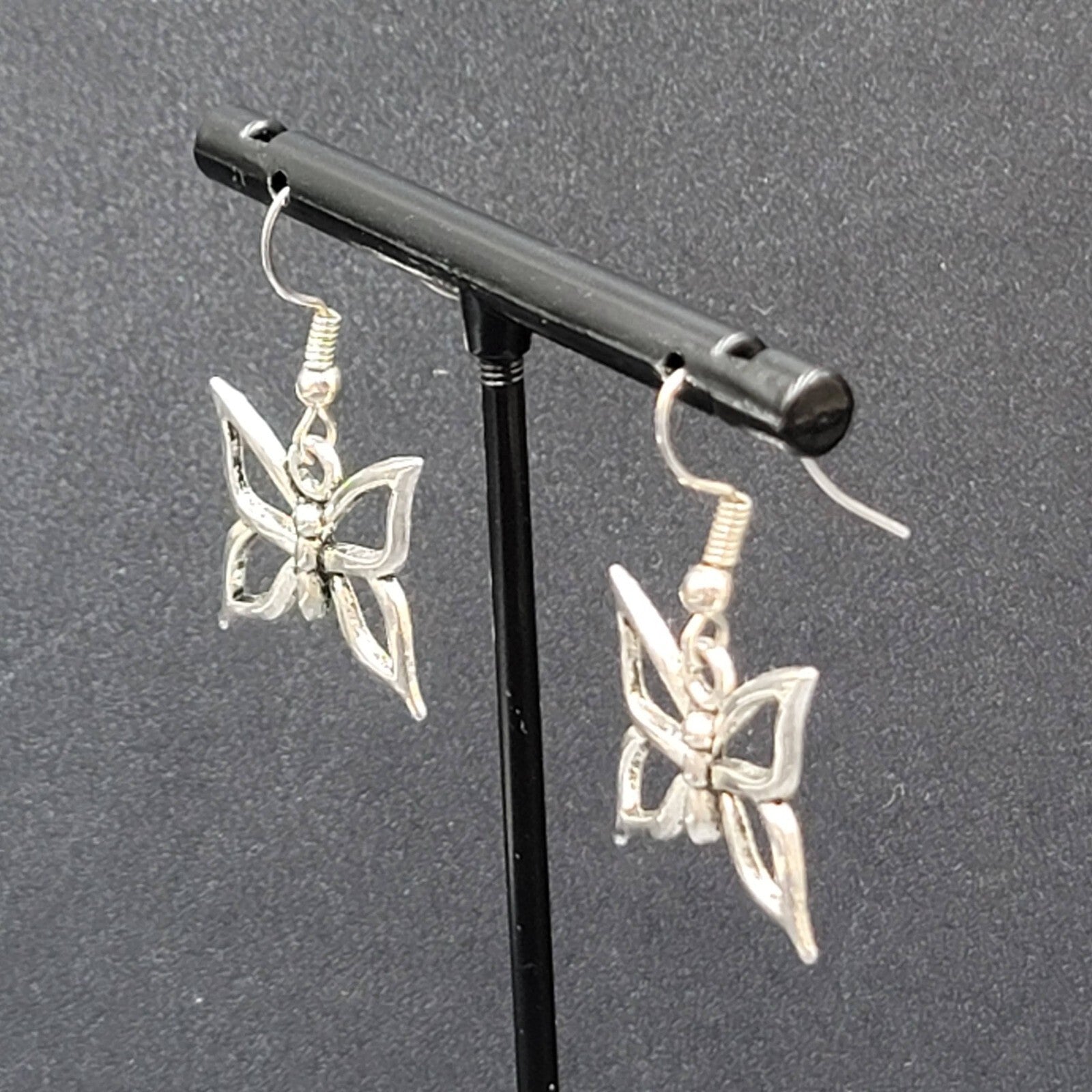 Pierced Earrings Silver tone Butterfly Dangle 5/8"