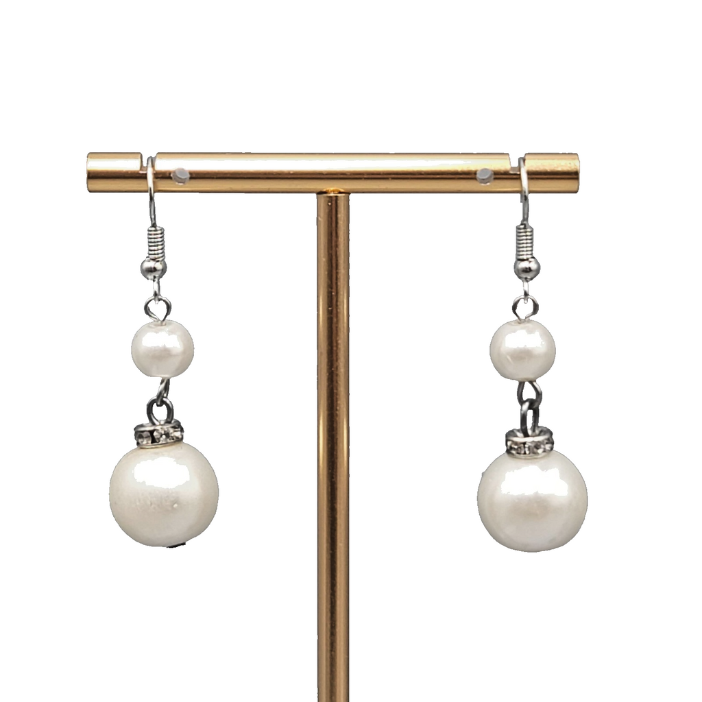 Satin Look White Bead Pierced Earrings Silver tone Dangle 1.25 in