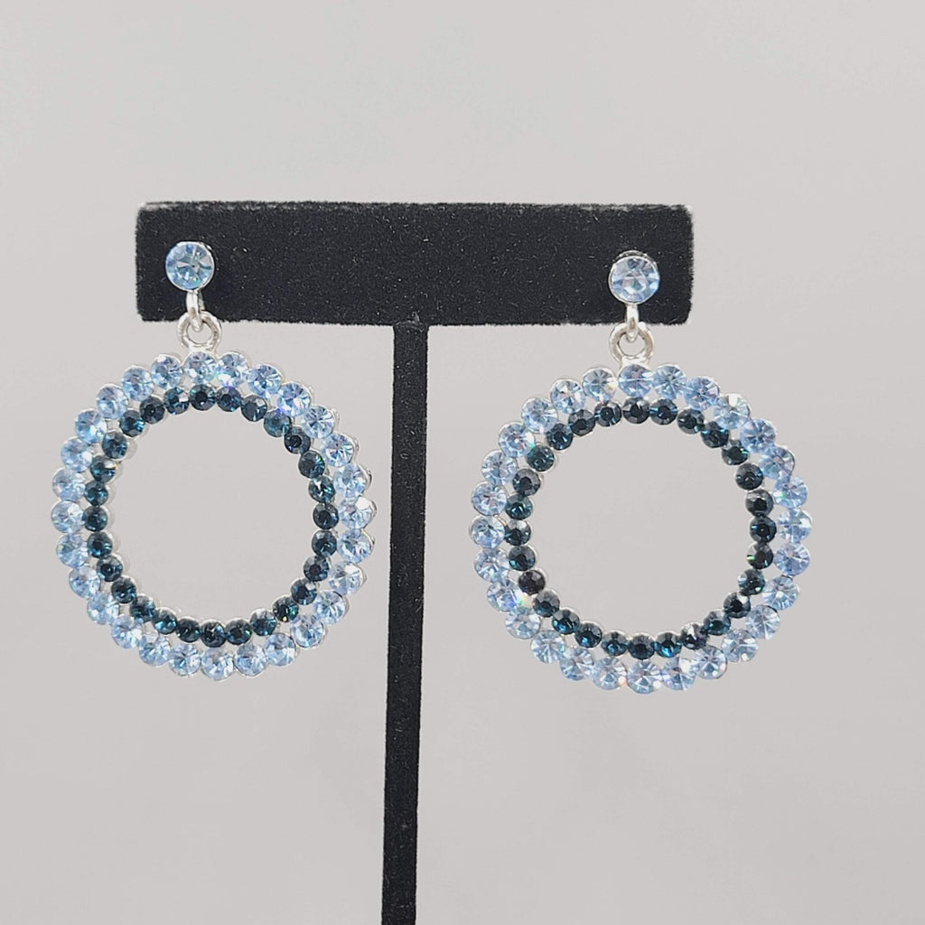 Blue Rhinestone Pierced Earrings Silver tone Open Circle Dangle 1 5/8"