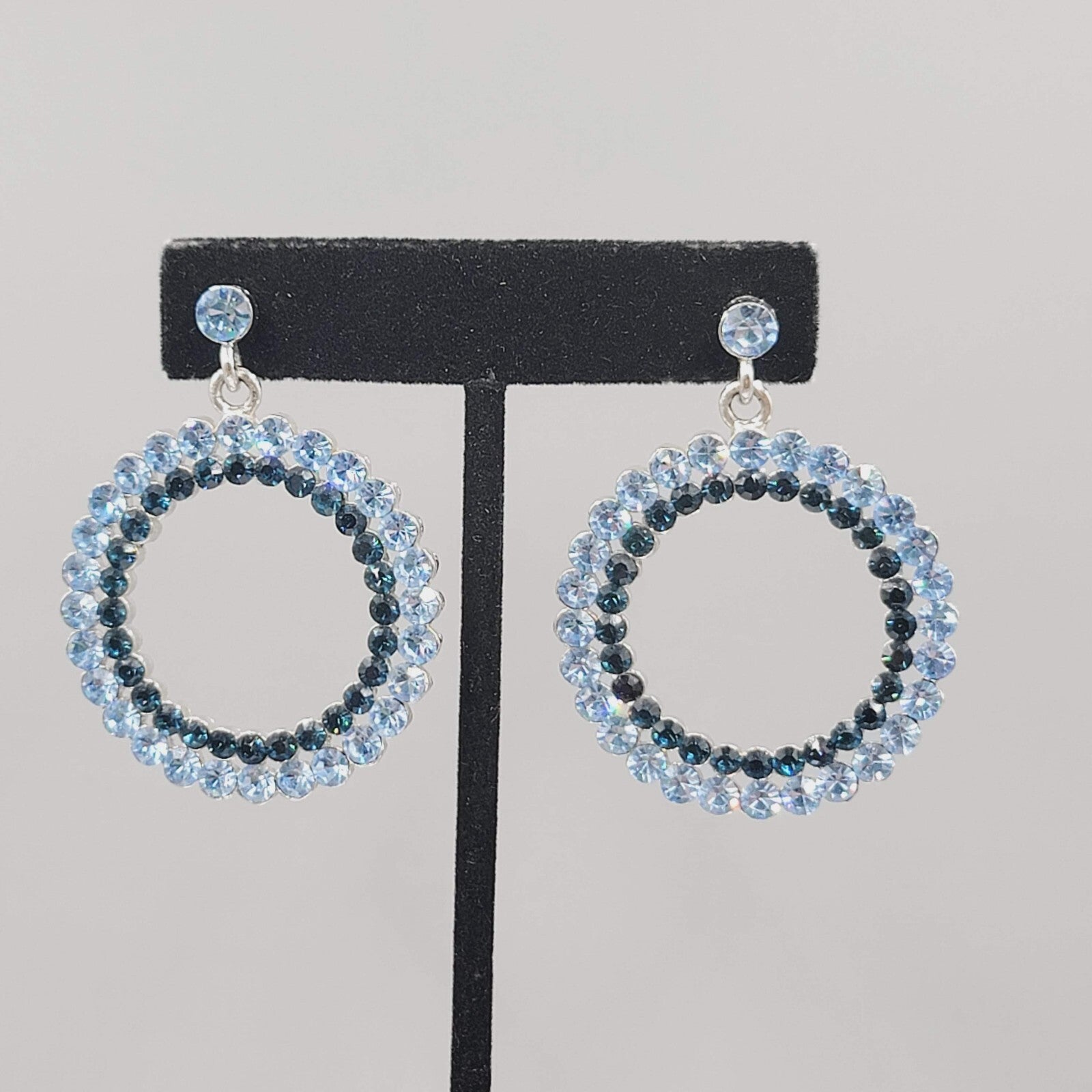Blue Rhinestone Pierced Earrings Silver tone Open Circle Dangle 1 5/8"