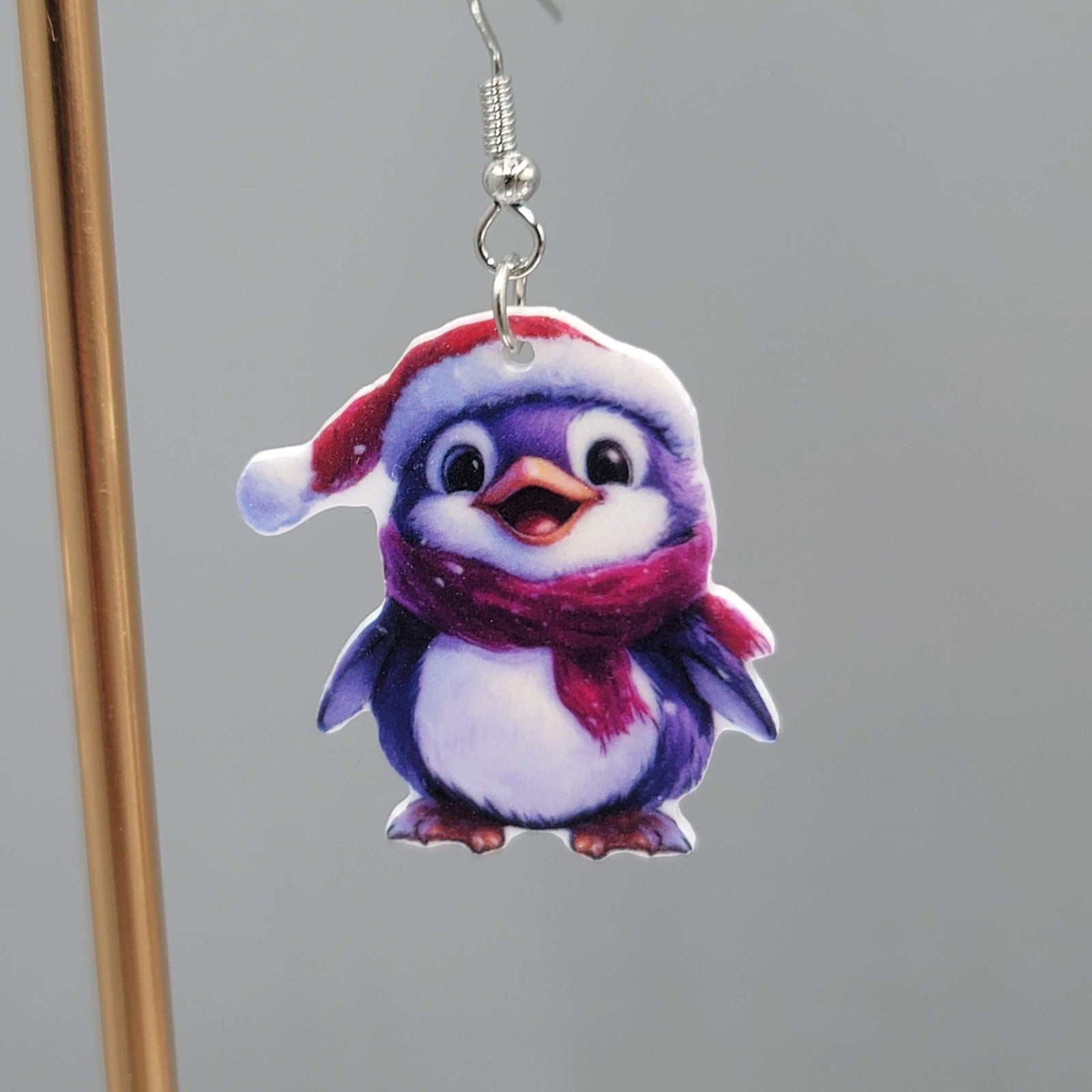 Winter Penguin Pierced Earrings Silver tone Dangle 1.25 in
