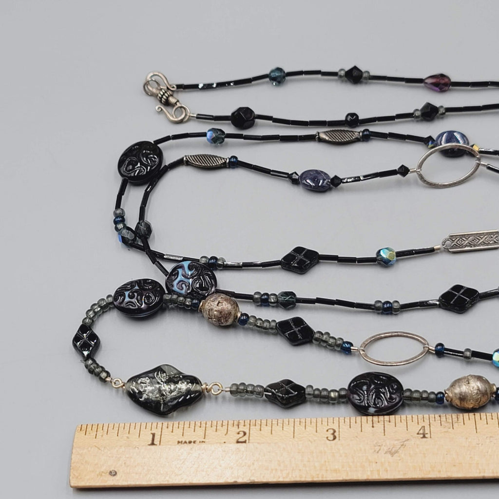 Black Glass Bead Necklace Silver tone LONG Hook Clasp 48"
