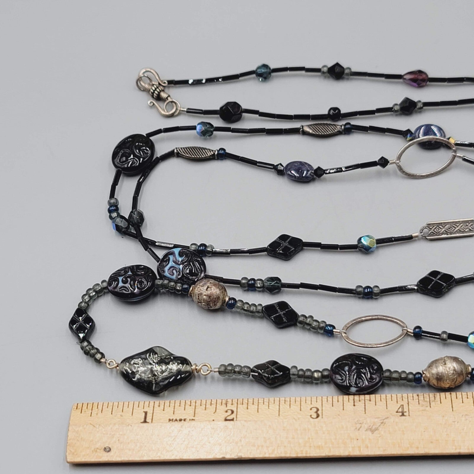 Black Glass Bead Necklace Silver tone LONG Hook Clasp 48"