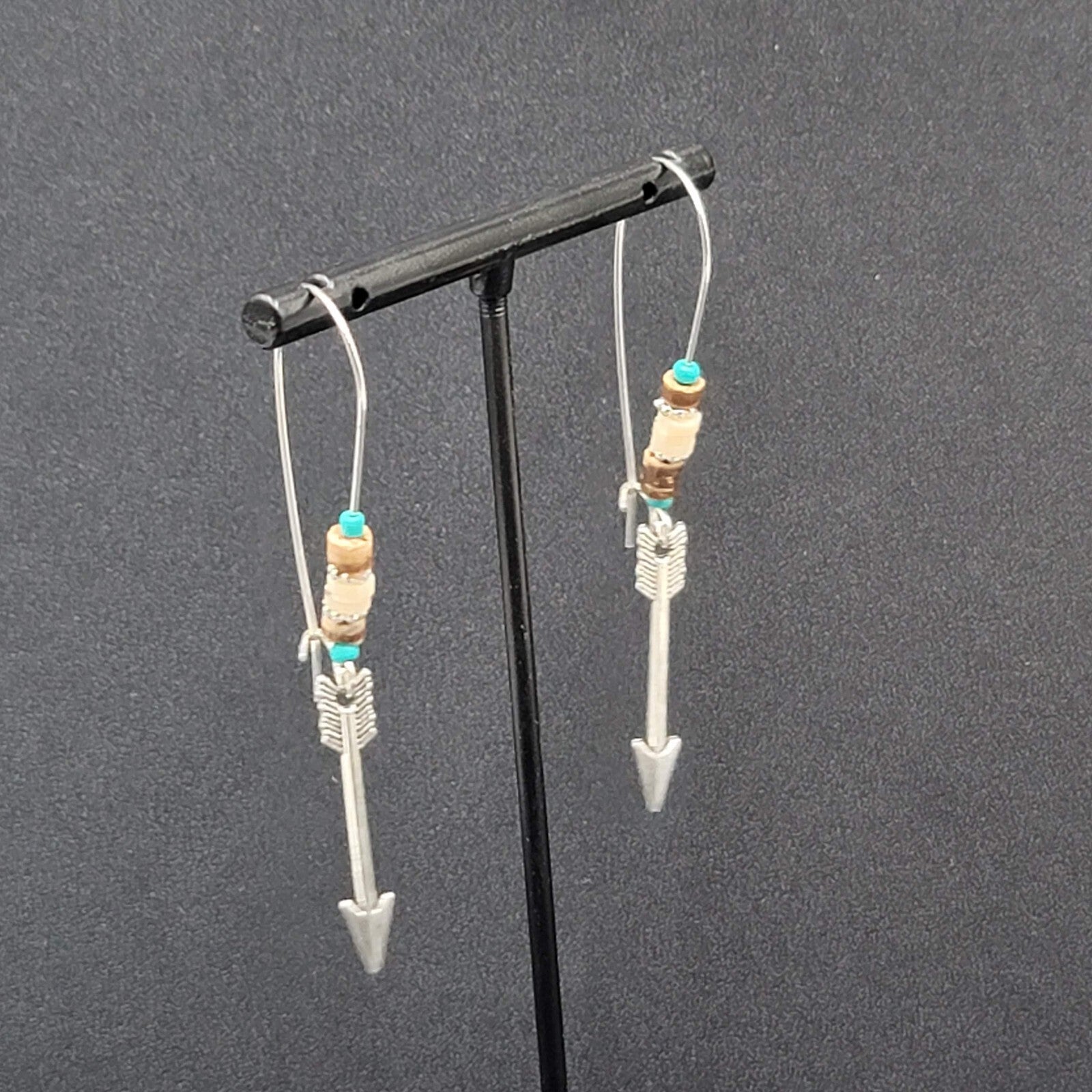 Pierced Earrings Silver tone Beaded Feather Dangle 2.5"