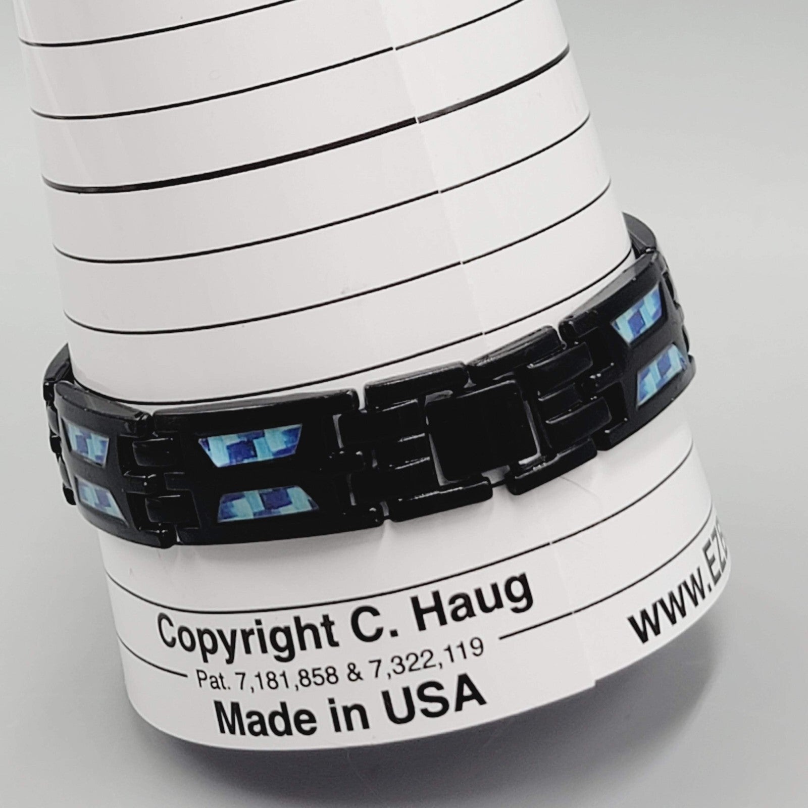Mens Bracelet Black Metal Blue Accented Magnet on Inside 8 in