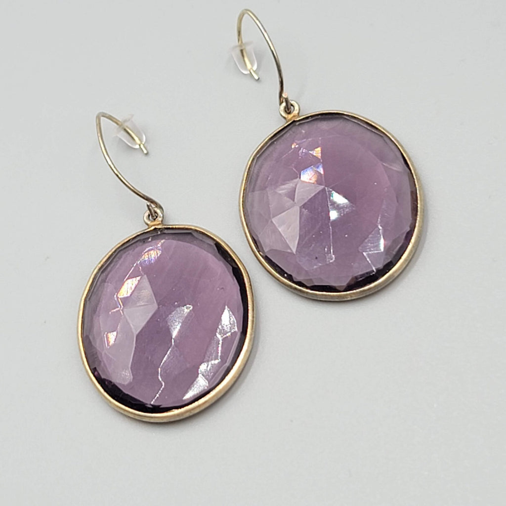 Pierced Earrings Gold tone Large Purple Faceted Glass Oval Dangle 1 3/8"