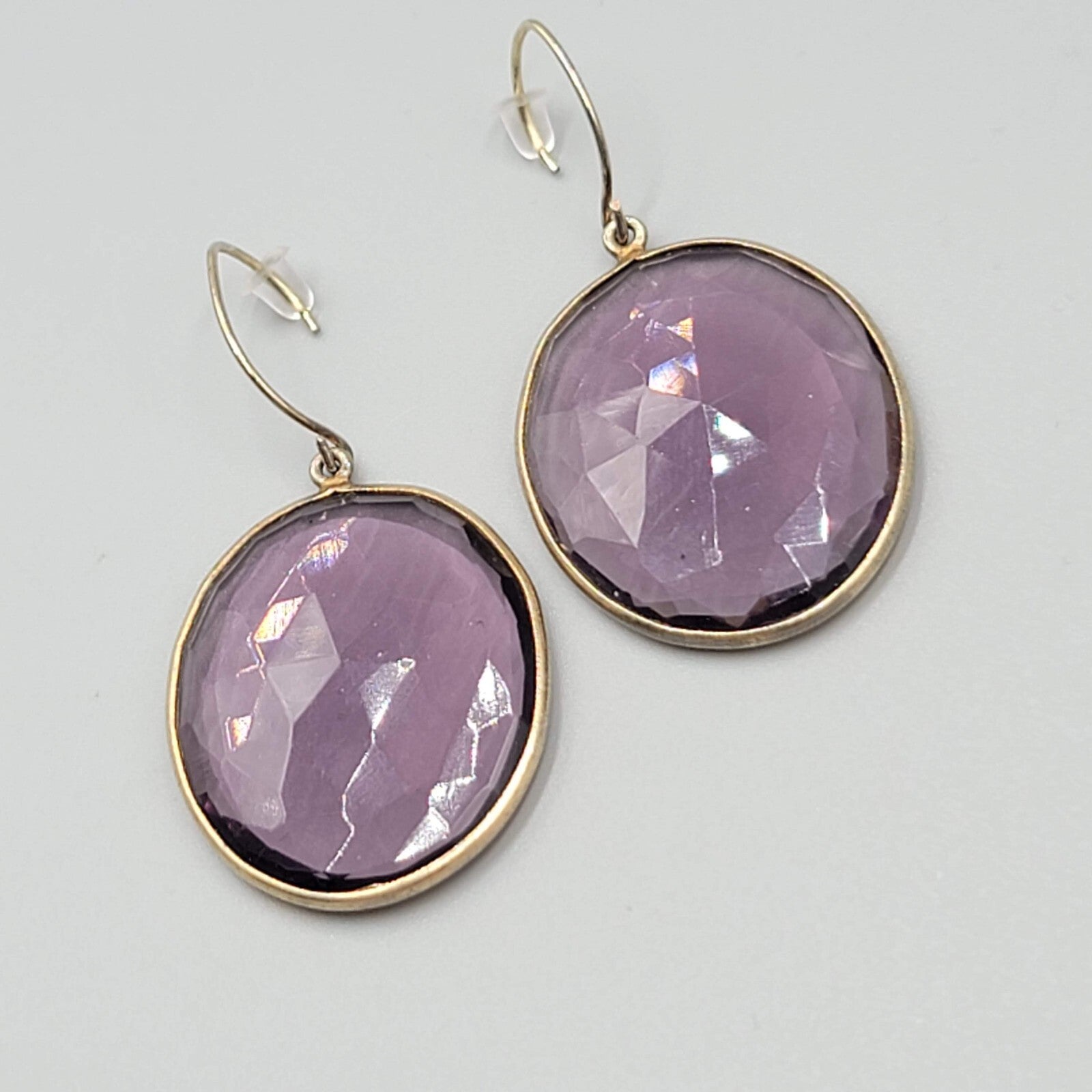 Pierced Earrings Gold tone Large Purple Faceted Glass Oval Dangle 1 3/8"
