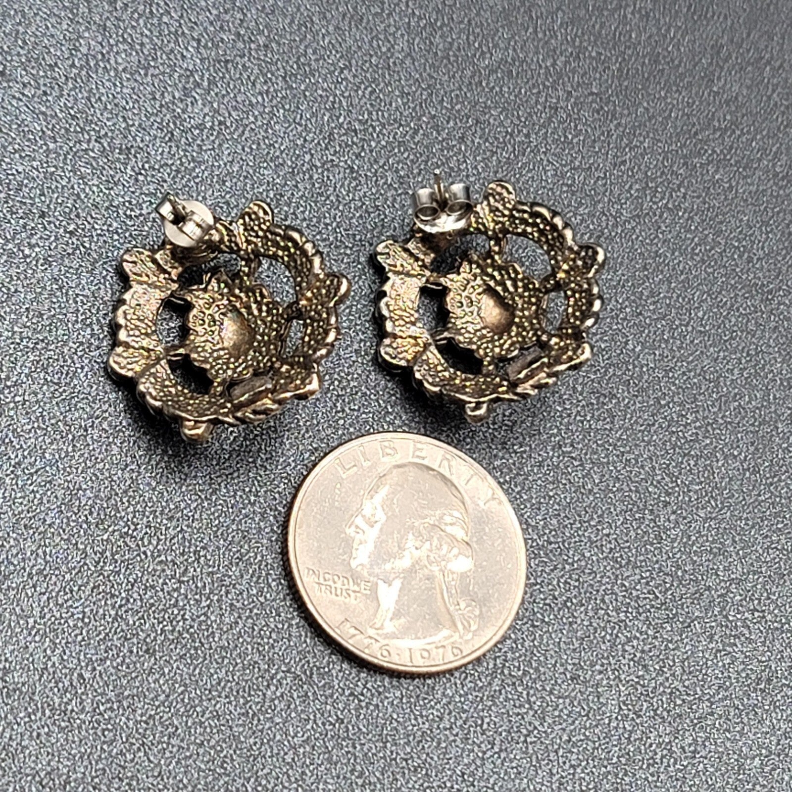 Vintage Pierced Earrings Silver tone Black Teardrop Stone Embossed Drop 1.75"
