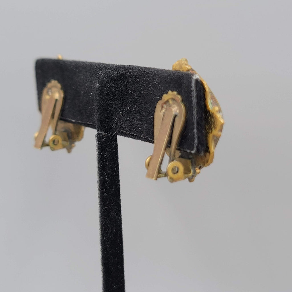 Antique Vintage Flower Enamel Clip on Earrings Brass Gold tone Square 7/8"