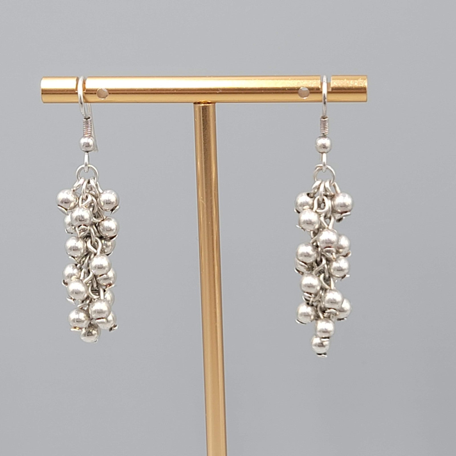 Cluster Bead Pierced Earrings Silver tone Dangle 1.25 in