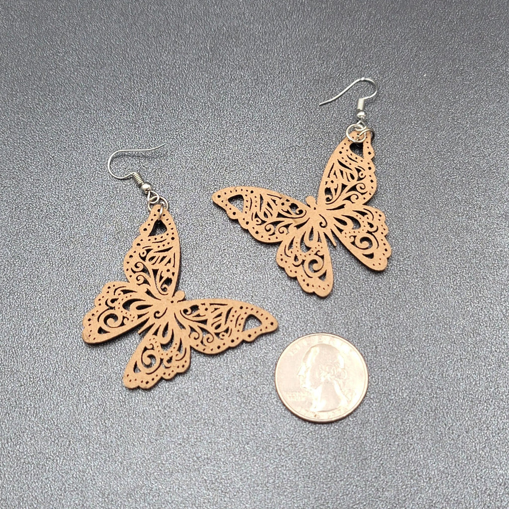 Butterfly Pierced Earrings Wood Cut Open Work Dangle 1 5/8"