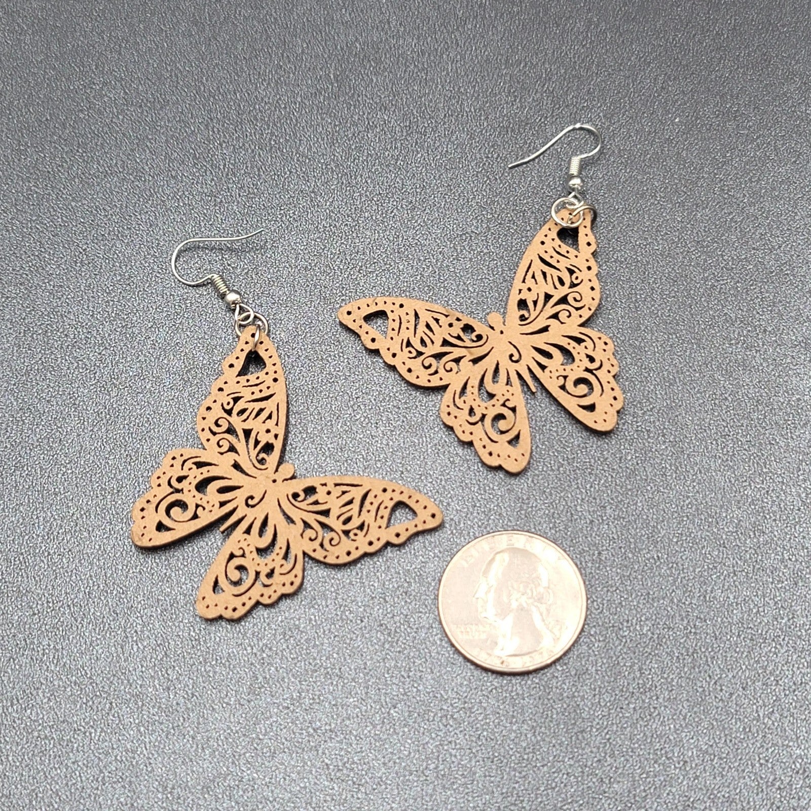 Butterfly Pierced Earrings Wood Cut Open Work Dangle 1 5/8"