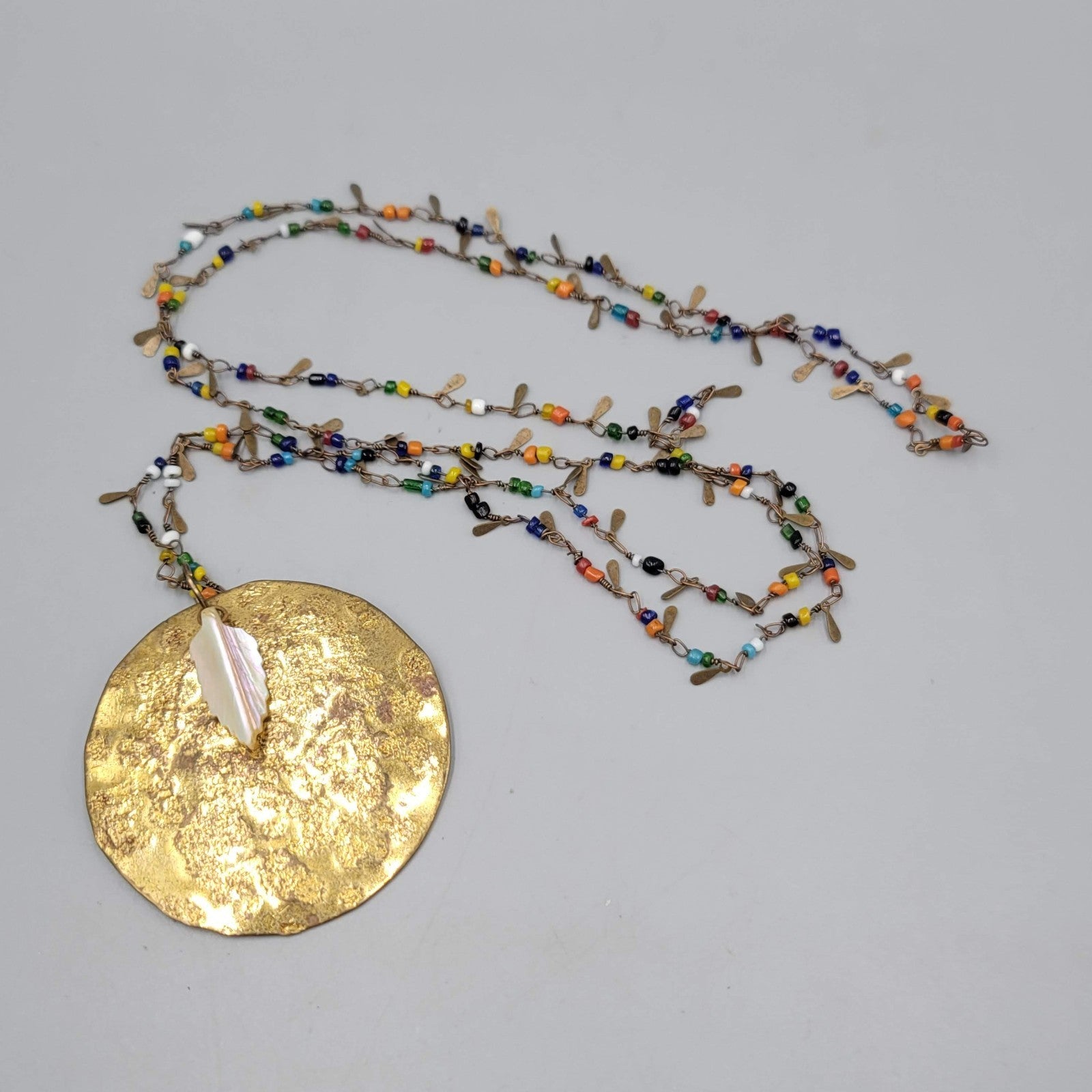 Artisan Multicolor Seed Beads Large Brass Pendant Necklace Long 42 in