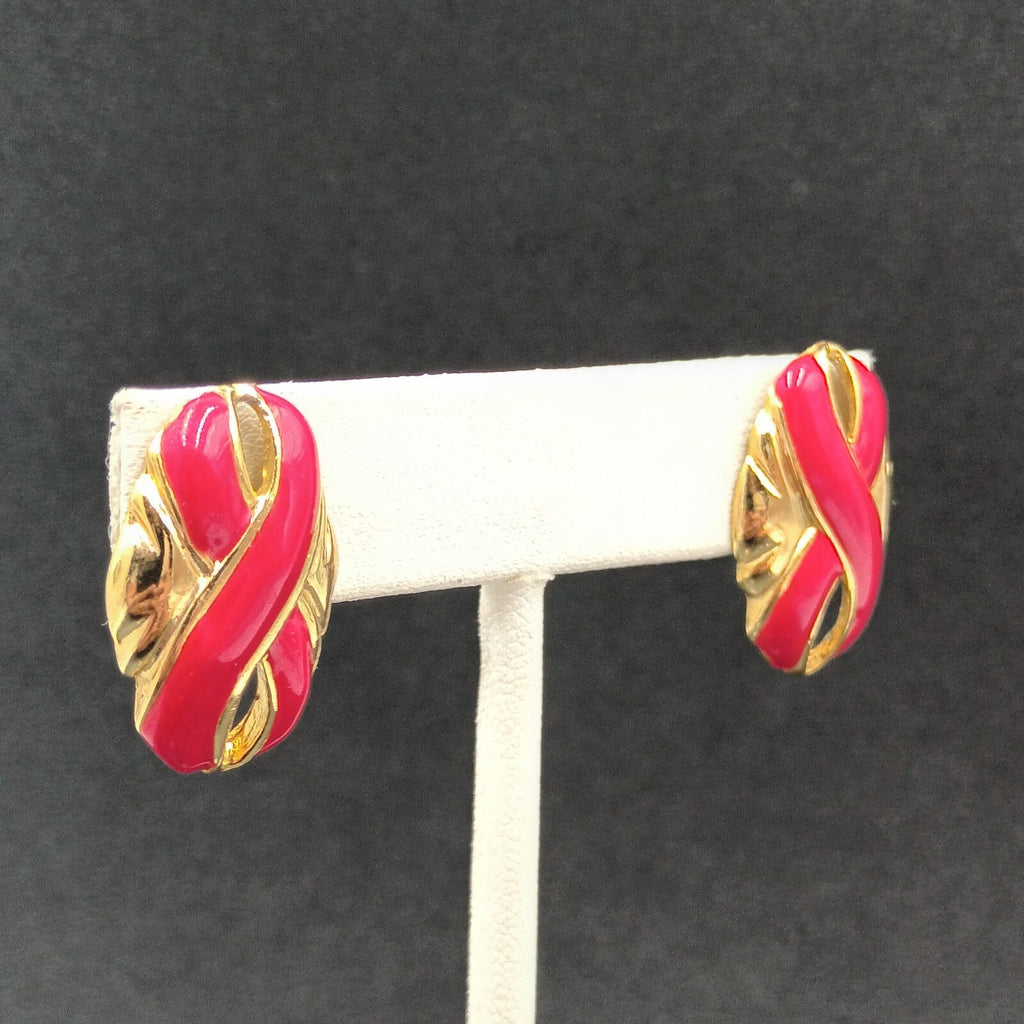 Vintage Pierced Earrings Red Enamel Infinity Gold tone Oval Drop 1"