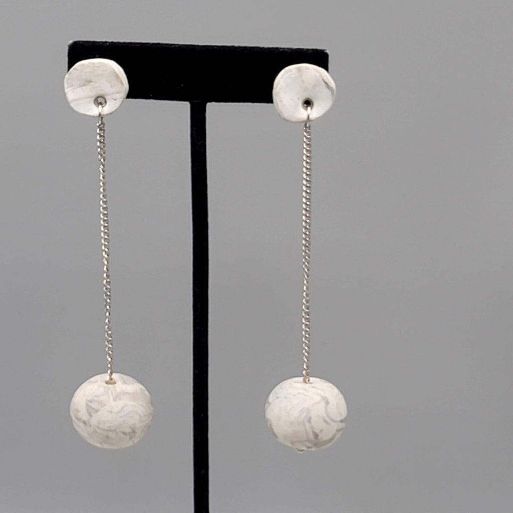 Polymer Clay Statement Pierced Earrings Silver tone Gray Dangle Long 3.75"
