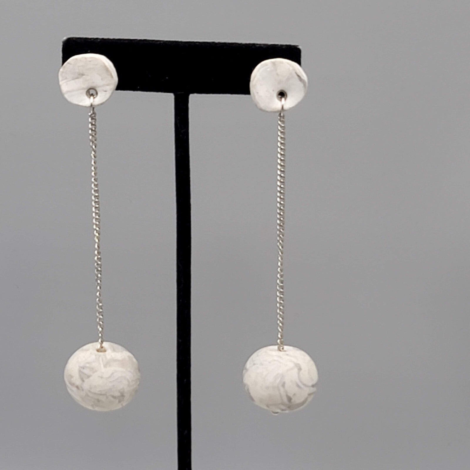 Polymer Clay Statement Pierced Earrings Silver tone Gray Dangle Long 3.75"