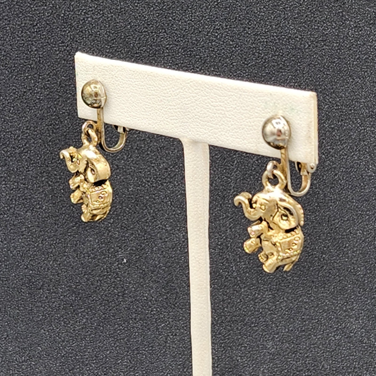 Vintage Clip on Earrings Gold tone Elephant Dangle 3/4"