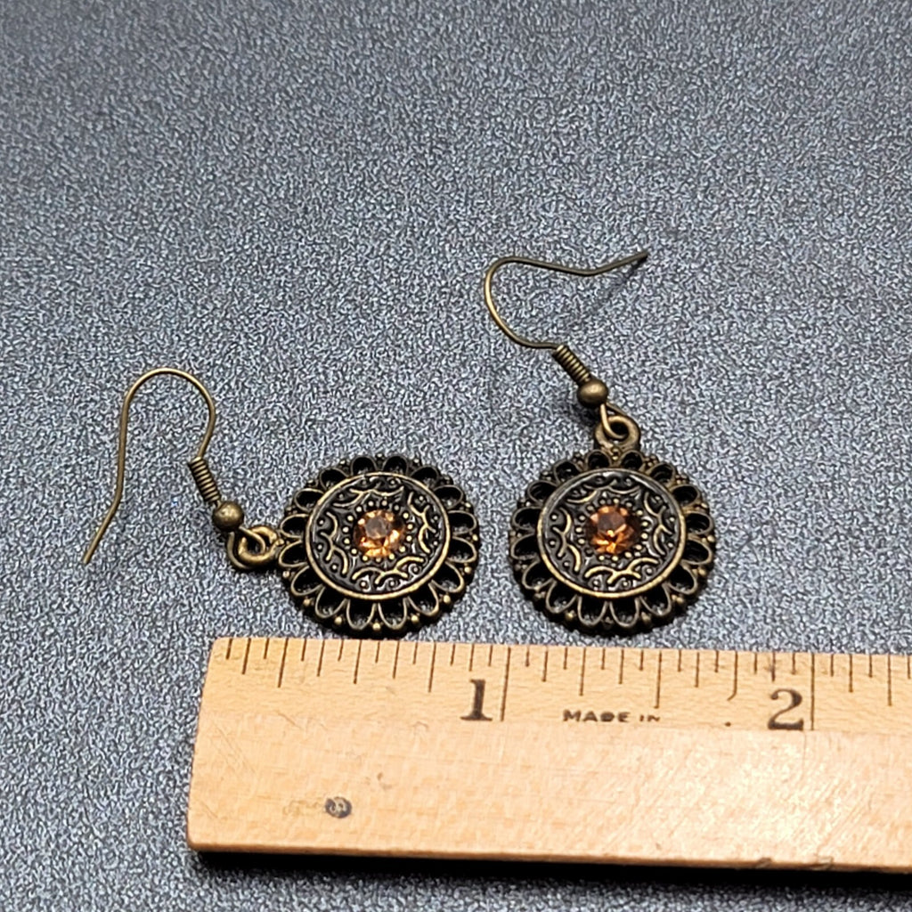 Pierced Earrings Bronze tone Orange Rhinestone Round Filigree 7/8"