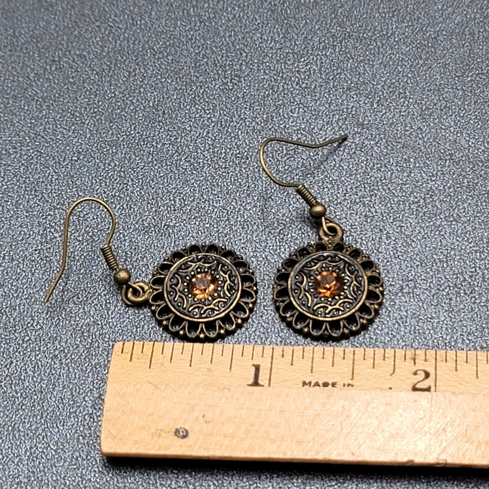 Pierced Earrings Bronze tone Orange Rhinestone Round Filigree 7/8"
