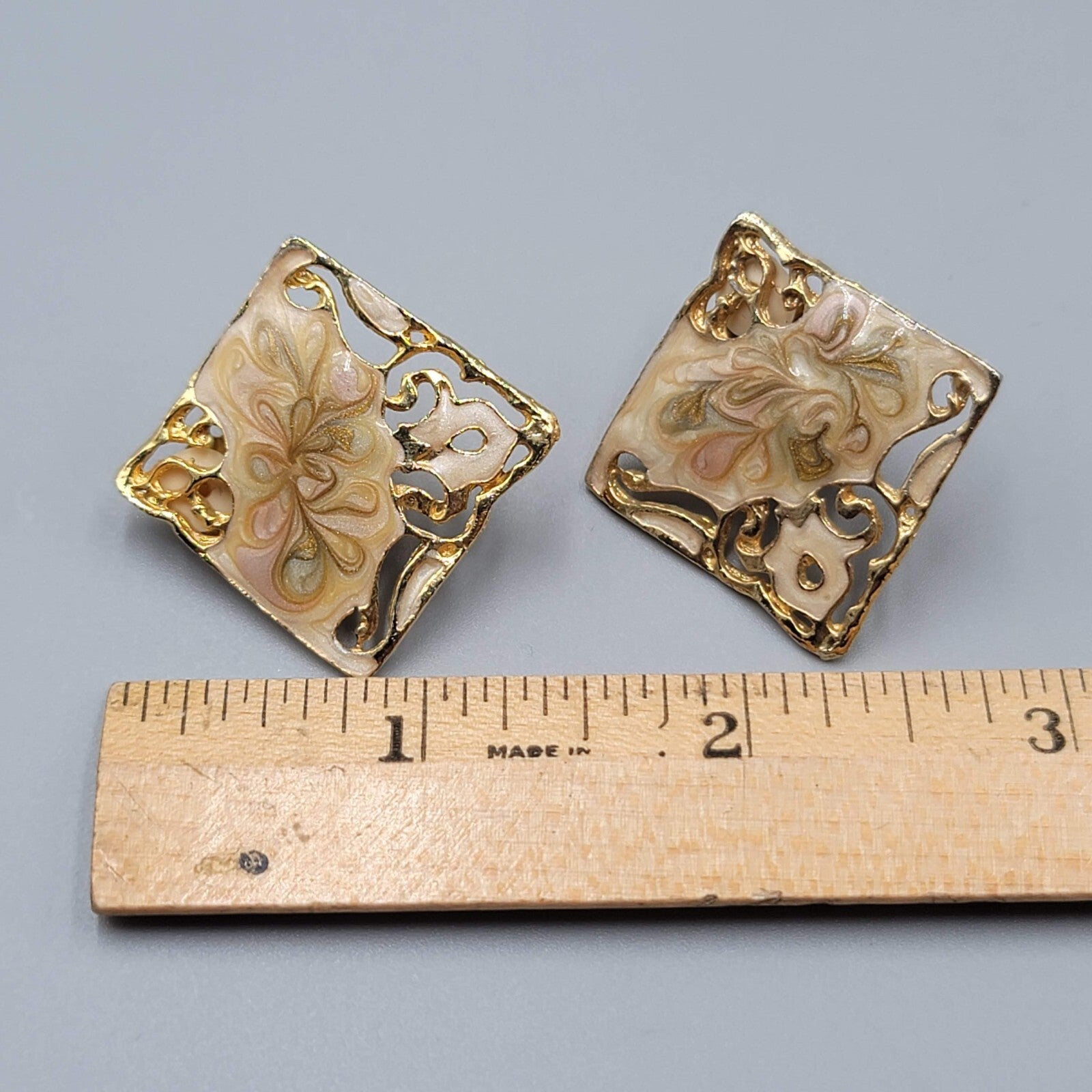 Vintage Swirl Cream Enamel Clip on Earrings Square Drop 1 3/8"