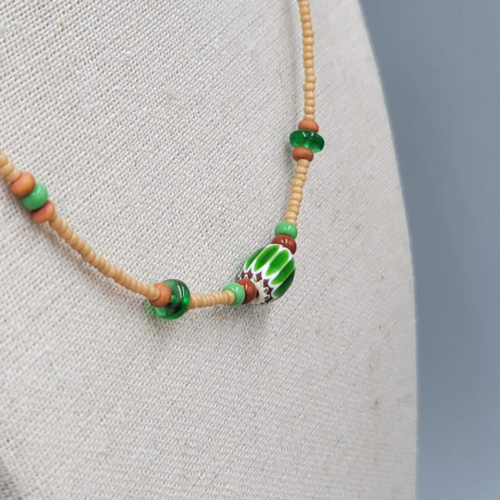 Art Glass Bead Necklace Tan Seed Bead Minimalist 16"