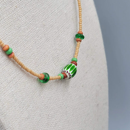 Art Glass Bead Necklace Tan Seed Bead Minimalist 16"