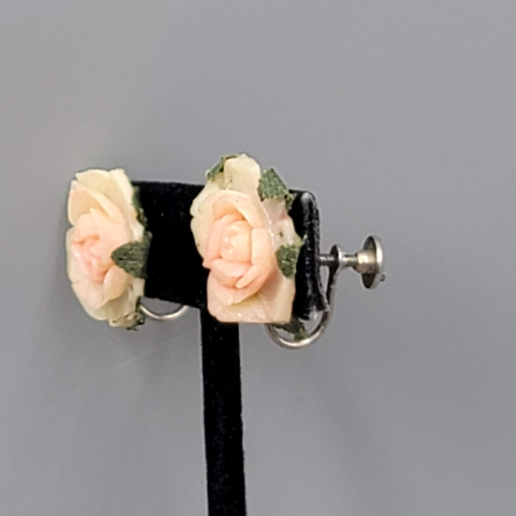 Vintage Acrylic Rose Clip on Earrings Screw Back 3/4"
