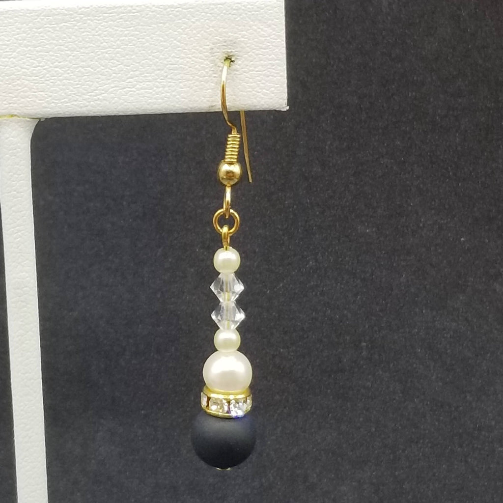 Pierced Earrings Gold tone Crystal Faux Pearl Black Beaded Dangle 1 1/8"