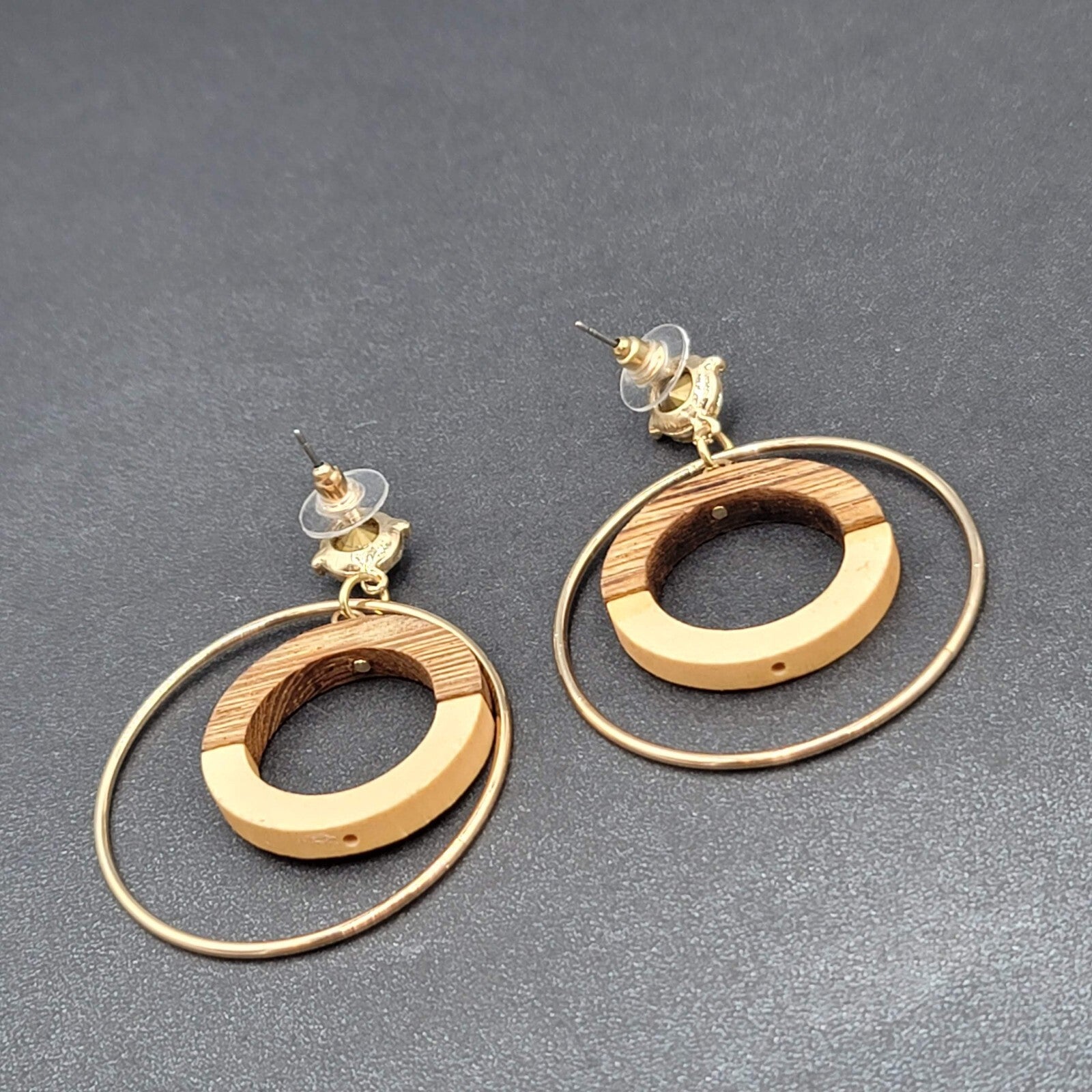 Pierced Earrings Gold tone Wood Rhinestone Hoops Dangle 2 1/4"