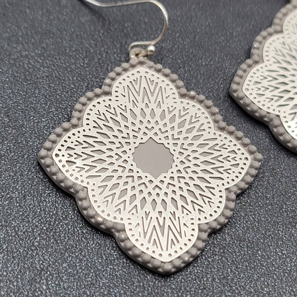 Pierced Earrings Silver tone Gray Enamel Filigree Enamel 1.75"