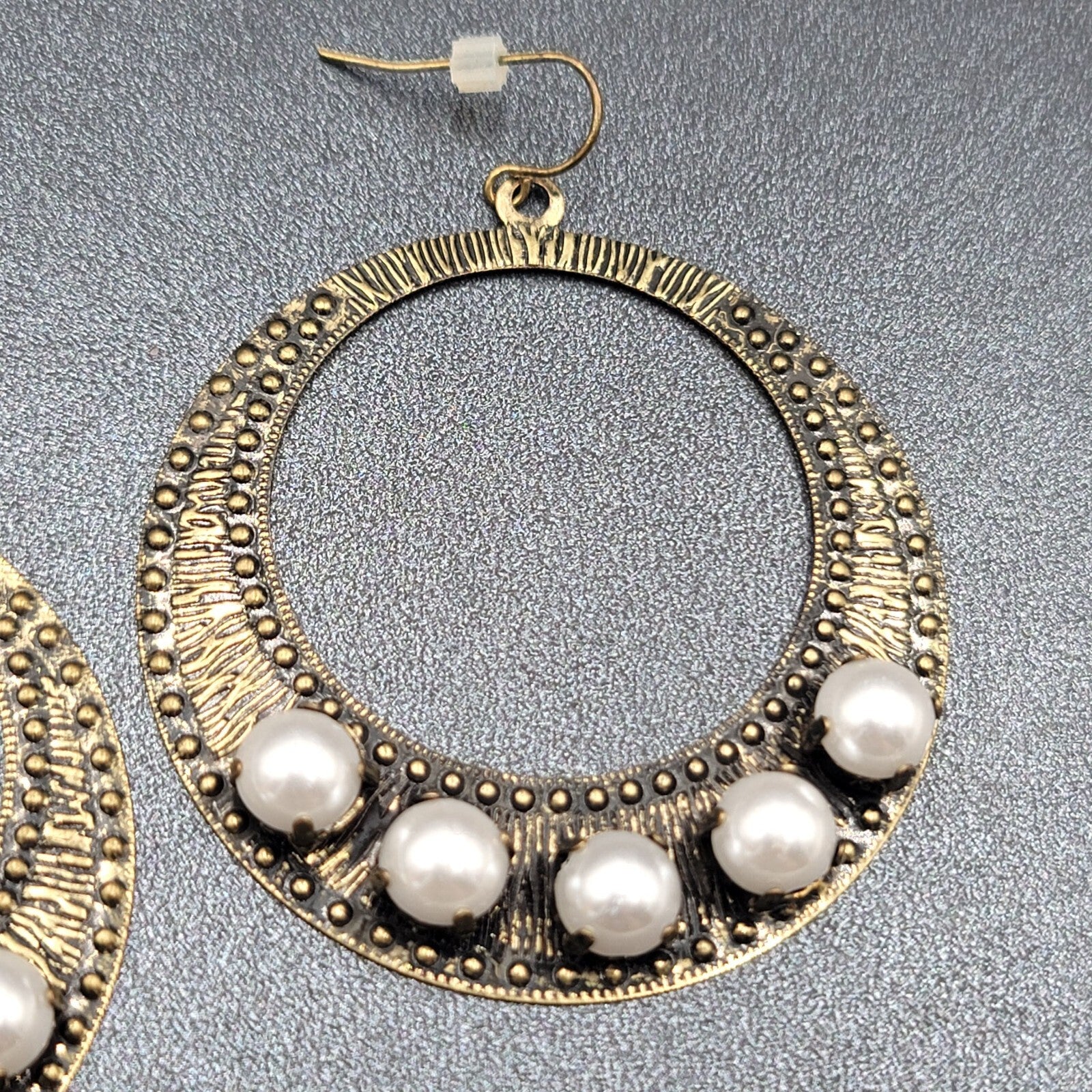 Pierced Earrings Bronze tone Large Hoops Faux Pearl Accents Statement Drop 2.25"