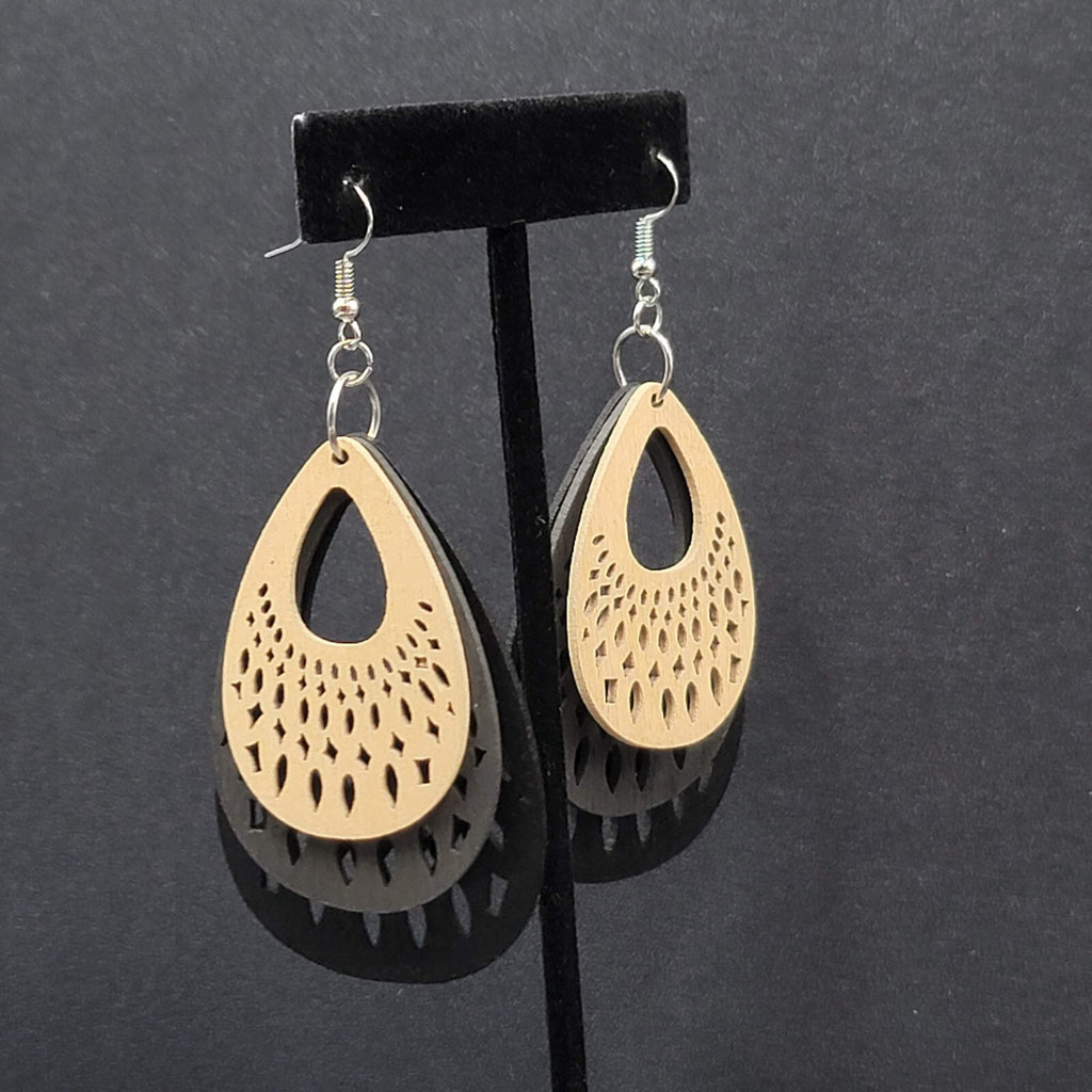 Pierced Earrings Triple Layer Wood Teardrop Dangle Tan Gray Black 2.75"