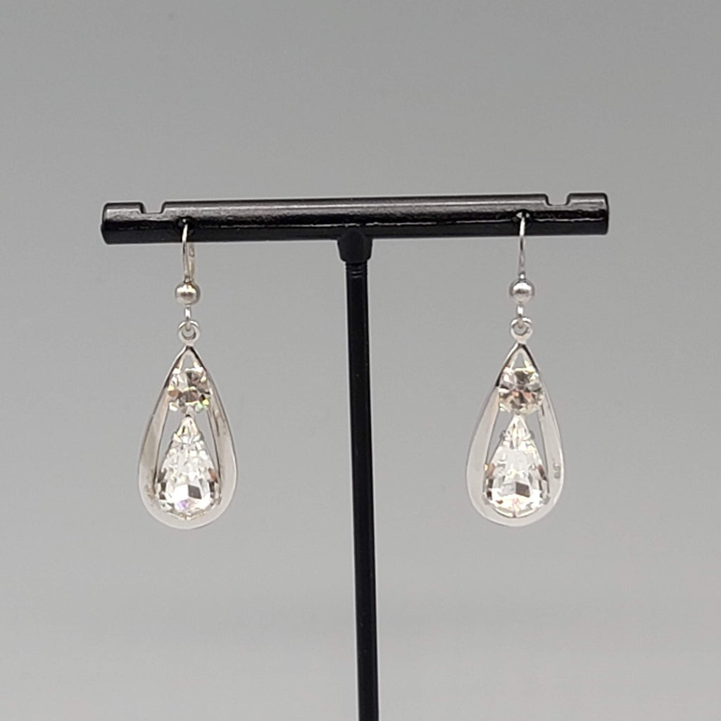 Dangle Crystal Pierced Earrings Silver tone Teardrop Sterling Hooks 1 1/8"