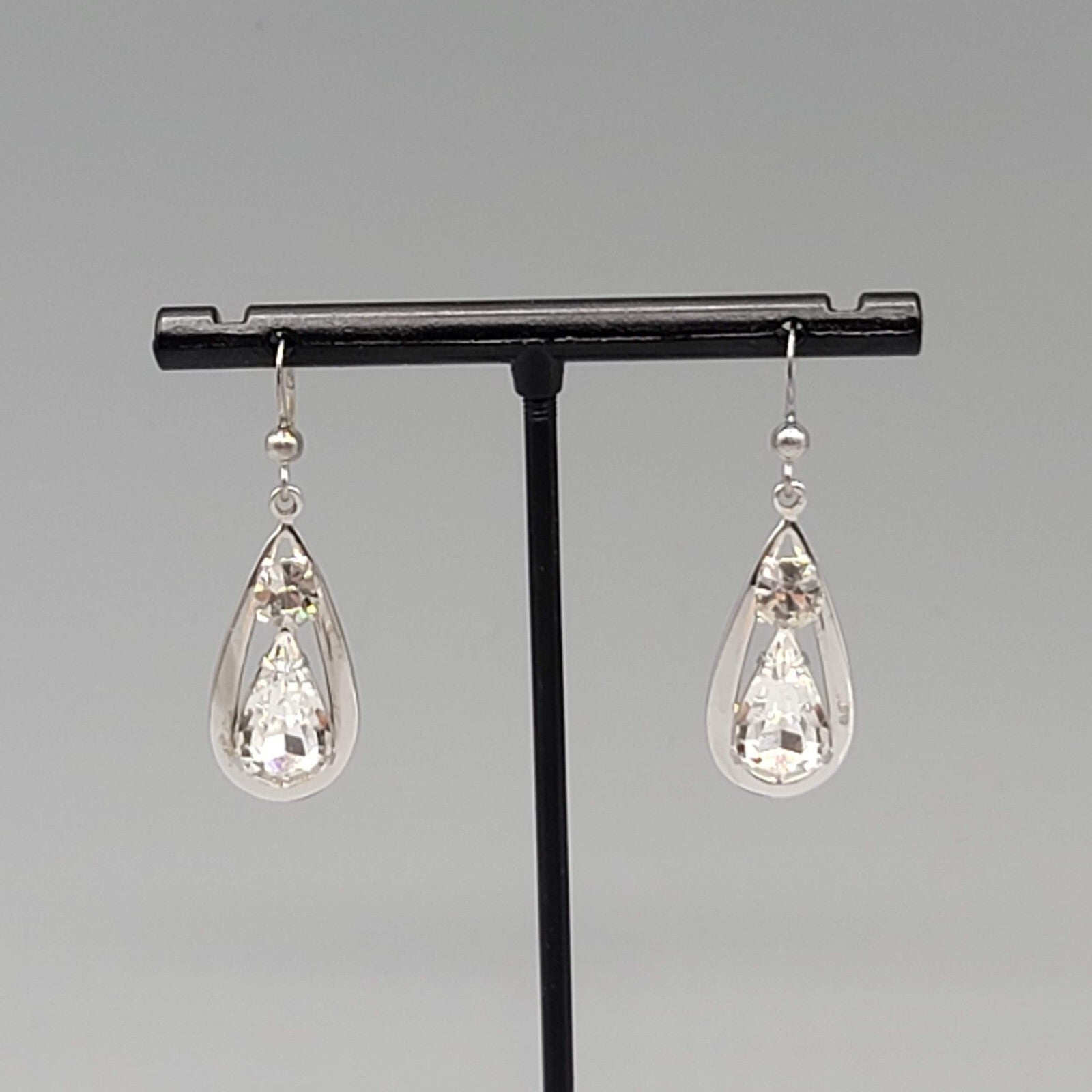 Dangle Crystal Pierced Earrings Silver tone Teardrop Sterling Hooks 1 1/8"