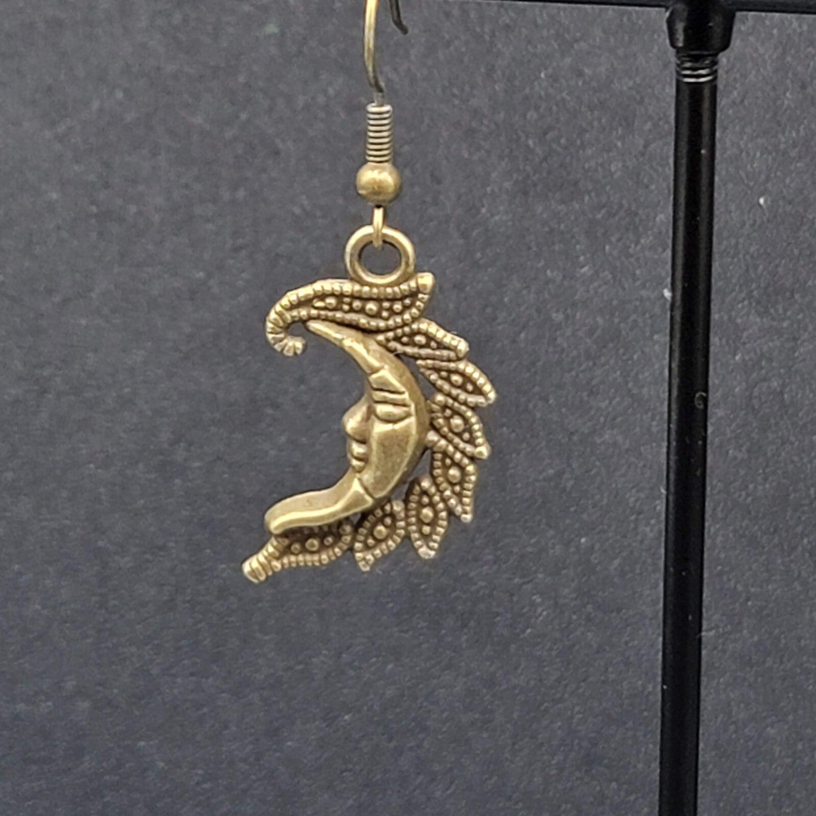 New Moon Face Pierced Earrings Bronze tone Dangle Embossed 1"
