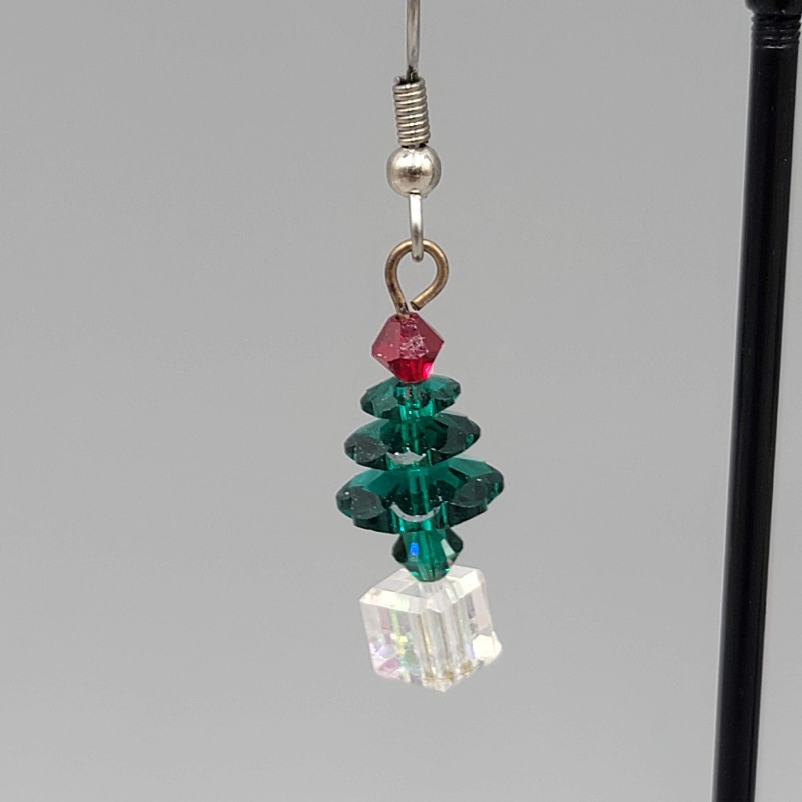 Crystal Stacked Bead Christmas Tree Pierced Earrings Silver tone Dangle 1 in