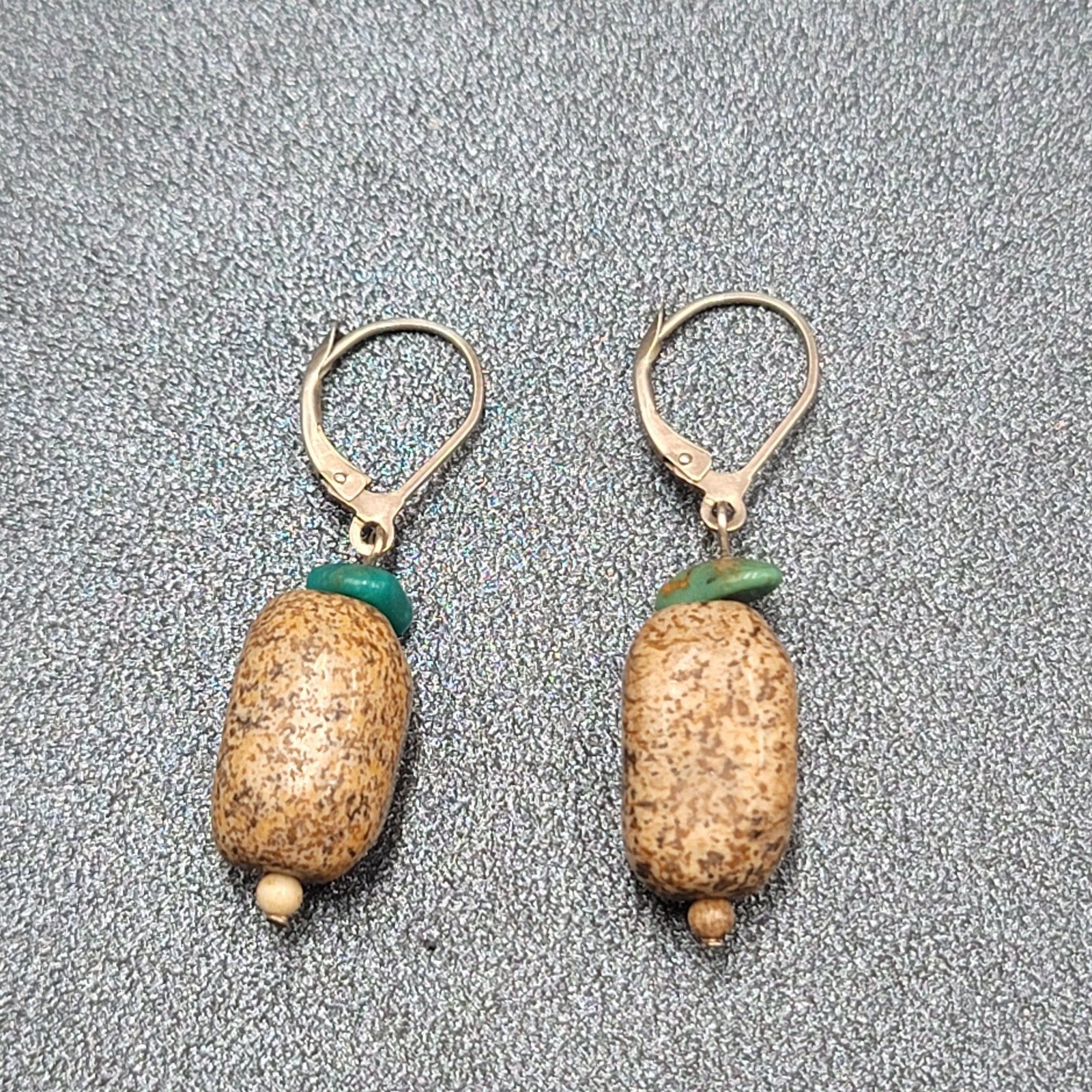 Pierced Earrings Turquoise Brown Speckled Stone Bead Dangle 1"