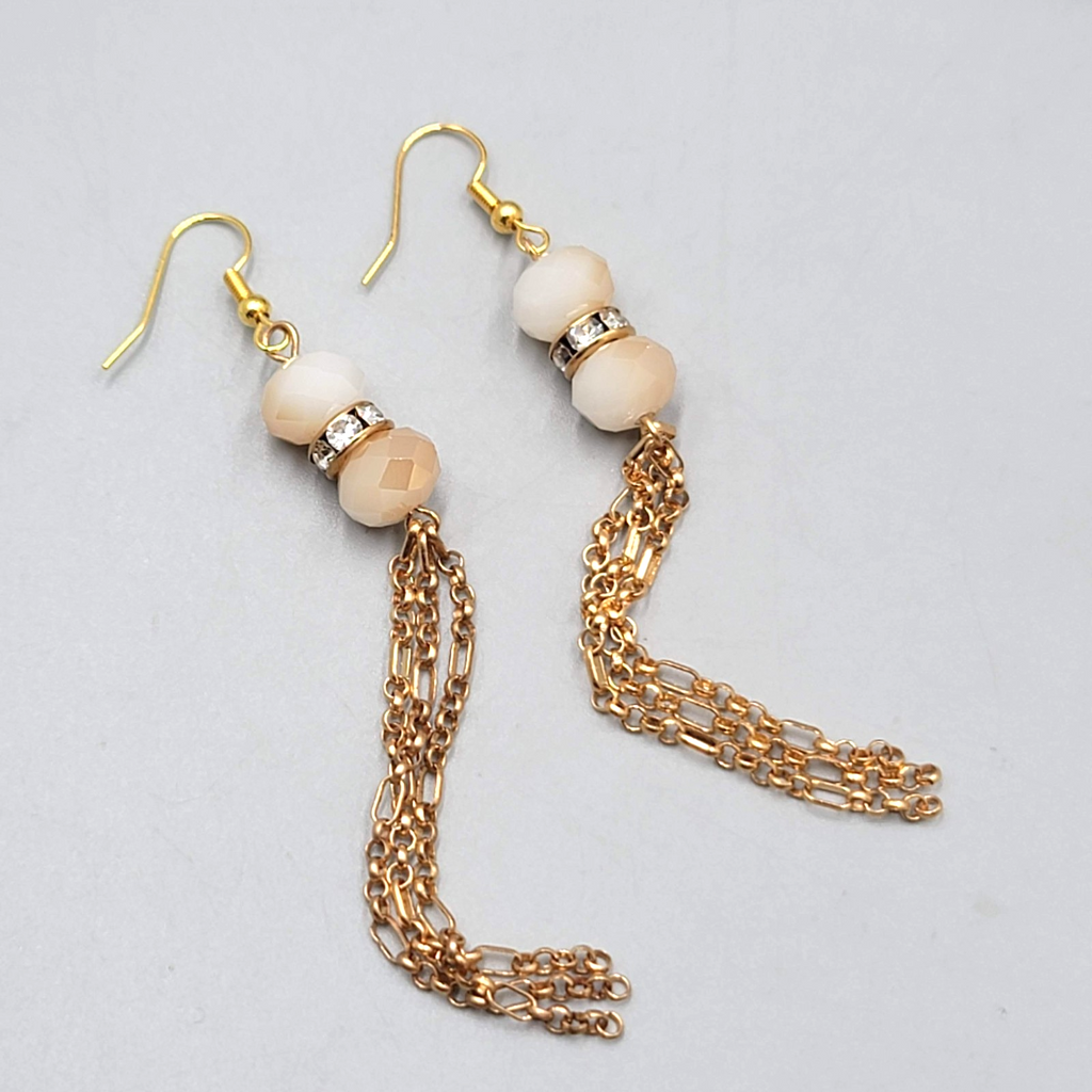 Gold tone Dangle Chains Pierced Earrings Ombre Faceted Glass Beads 3"