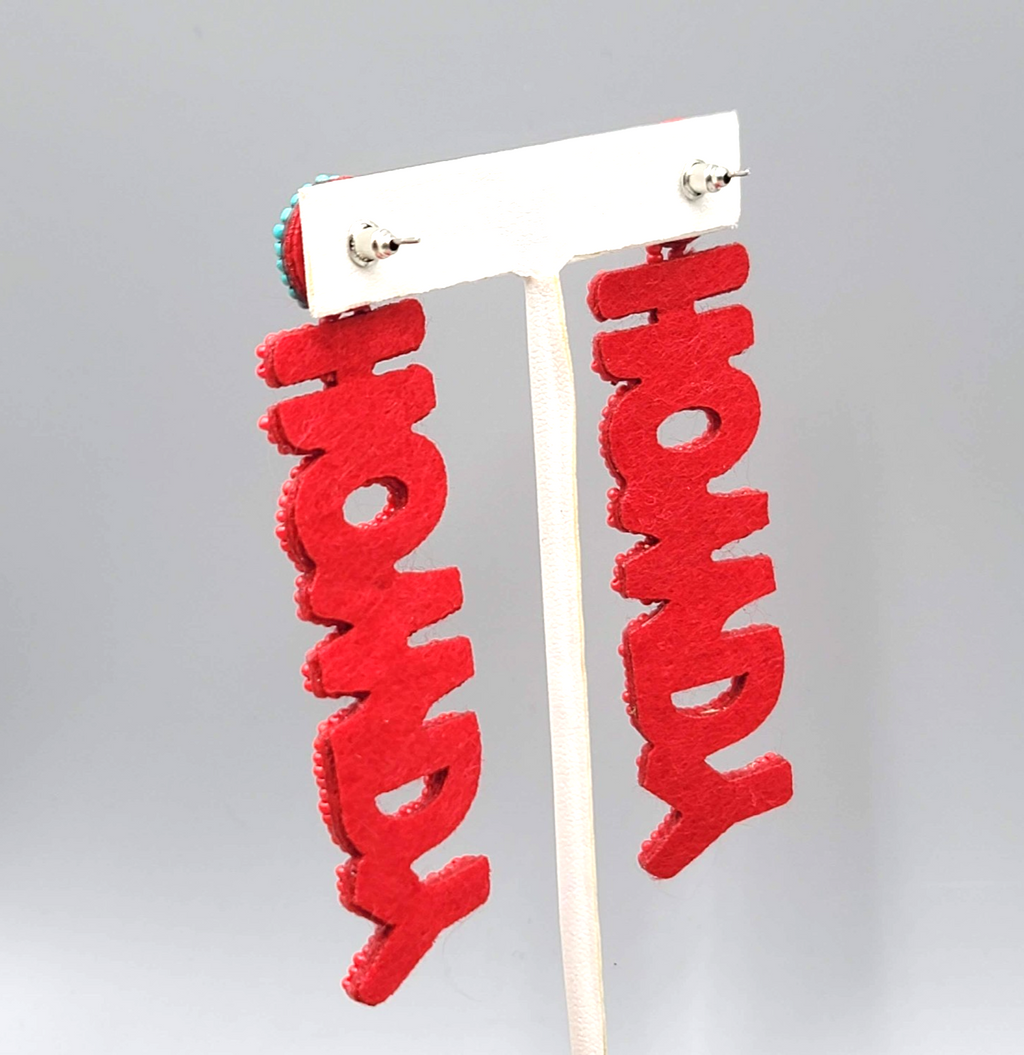 HOWDY Statement Pierced Earrings Red Seed Bead Crystal Long 3.75 in