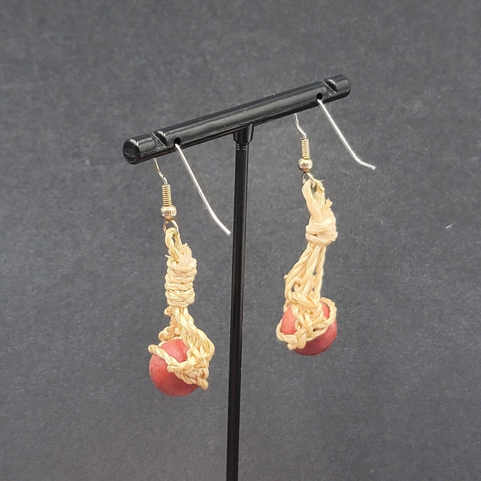 Boho Pierced Earrings Twine Knotted Wood Bead Dangle 1.5"