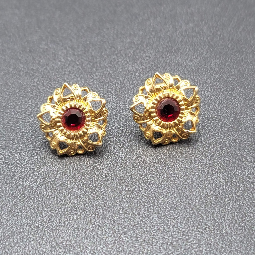 Vintage Pierced Earrings Gold Plated Red Stone Heart Studs 5/8"