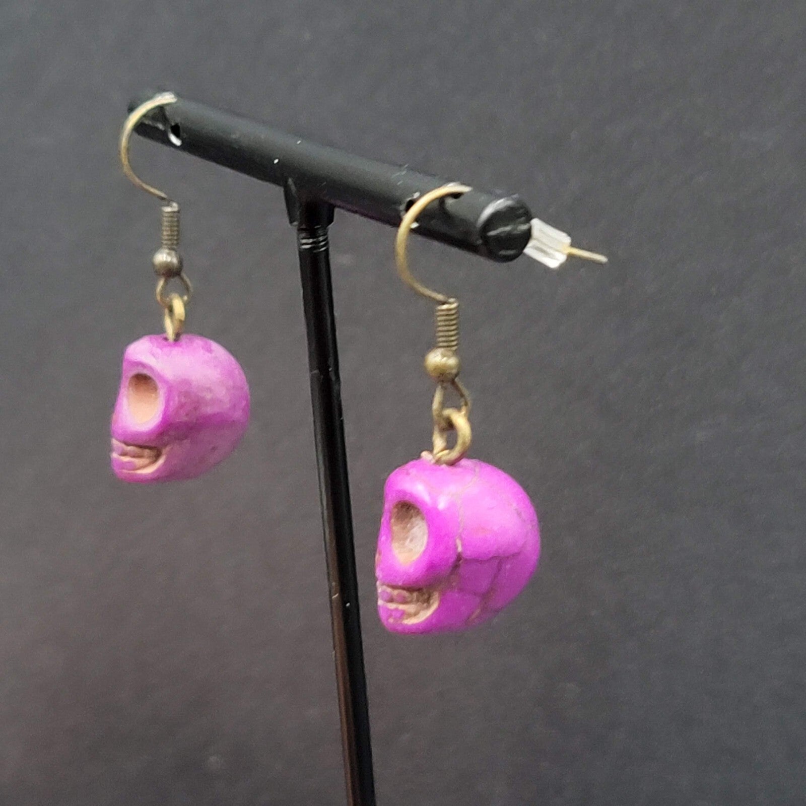 Skull Pierced Earrings Purple Howlite Stone Bead Dangle 3/4"