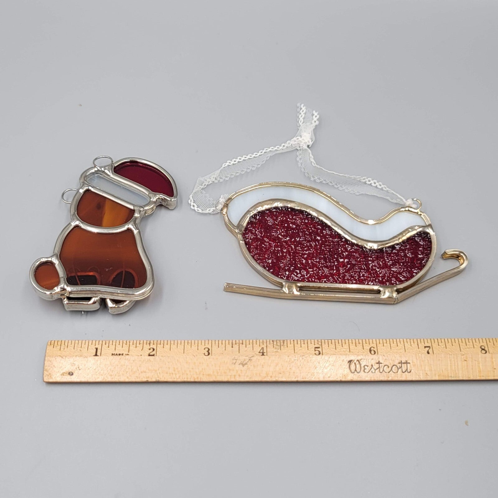Stained Glass Christmas Ornaments Teddy Bear and Sleigh