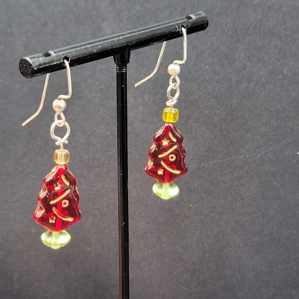 Pierced Earrings Silver tone Red Glass Bead Christmas Tree Dangle 1"