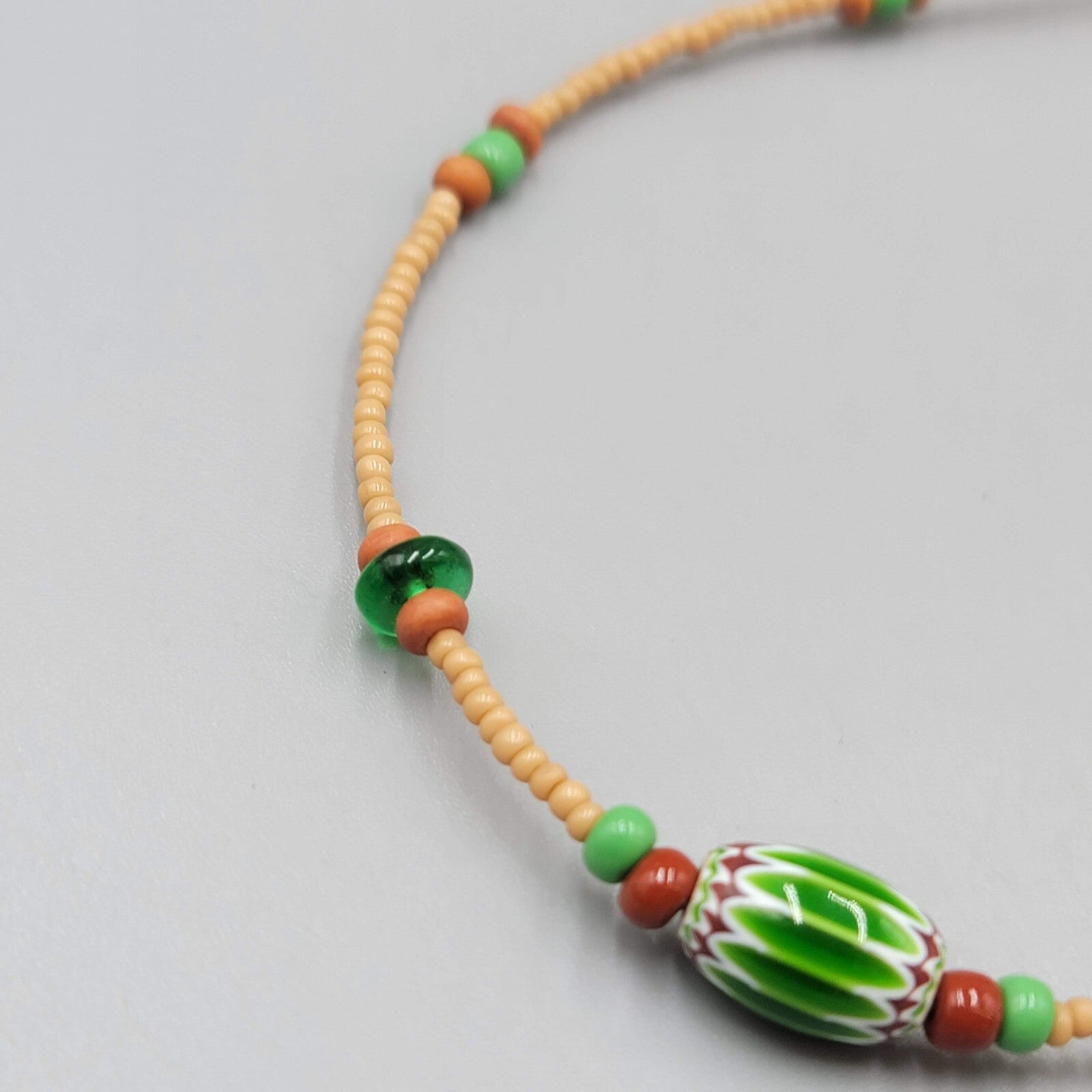 Art Glass Bead Necklace Tan Seed Bead Minimalist 16"