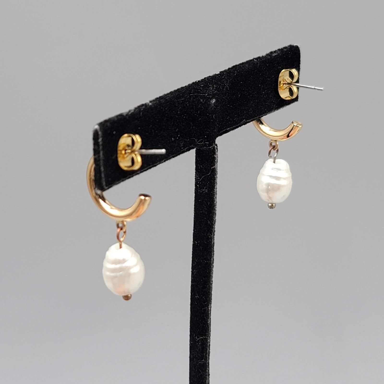 Hoop Pierced Earrings Gold tone White Bead Dangle 1.25 in